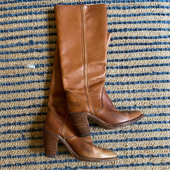 Frye Shoes - Caramel Leather Knee High Frye Western Worn Boots 3”Heel